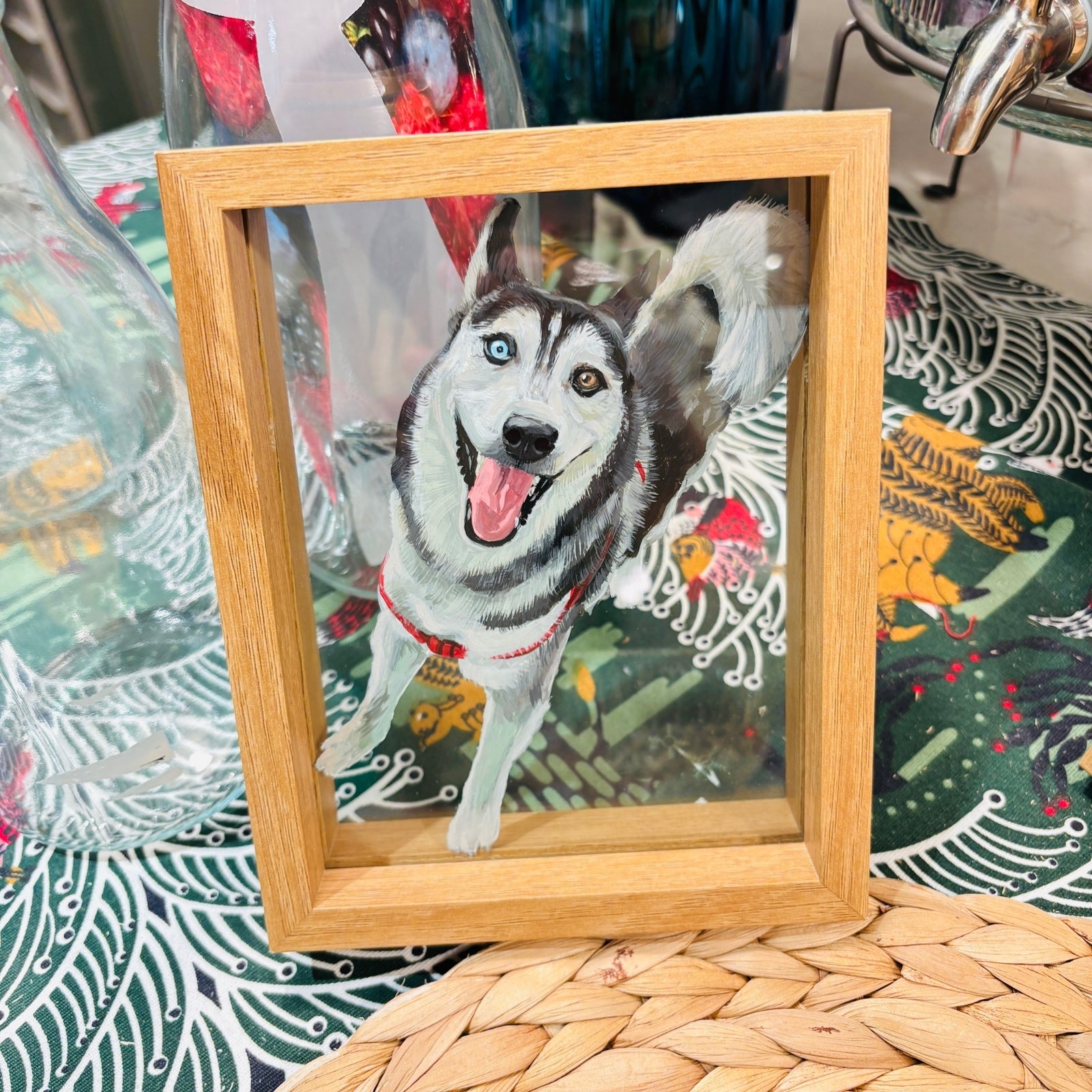 Before and after custom pet portrait from photo in glass frame