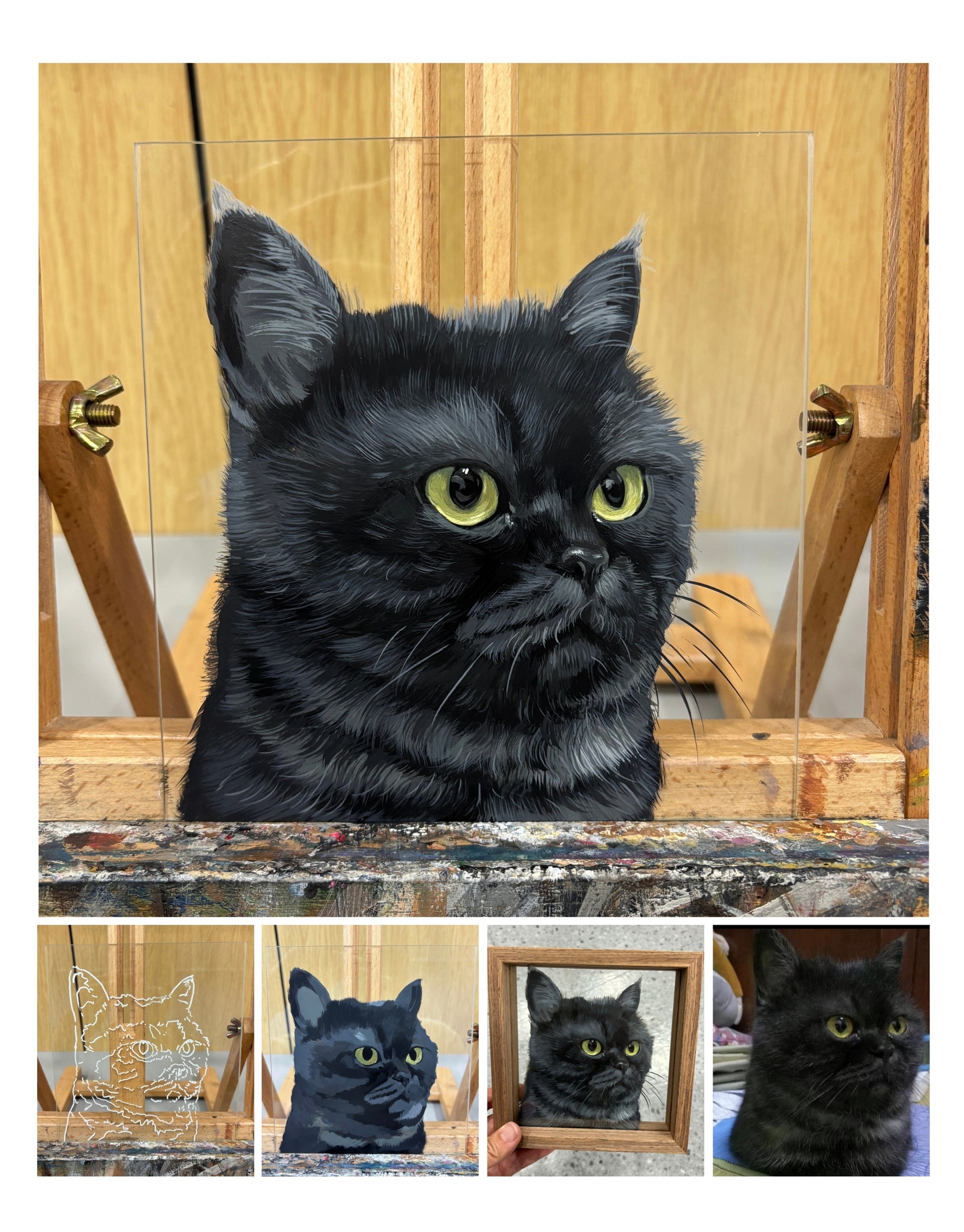 Hand-drawn pet portrait artwork close-up showing detailed pencil and paint strokes