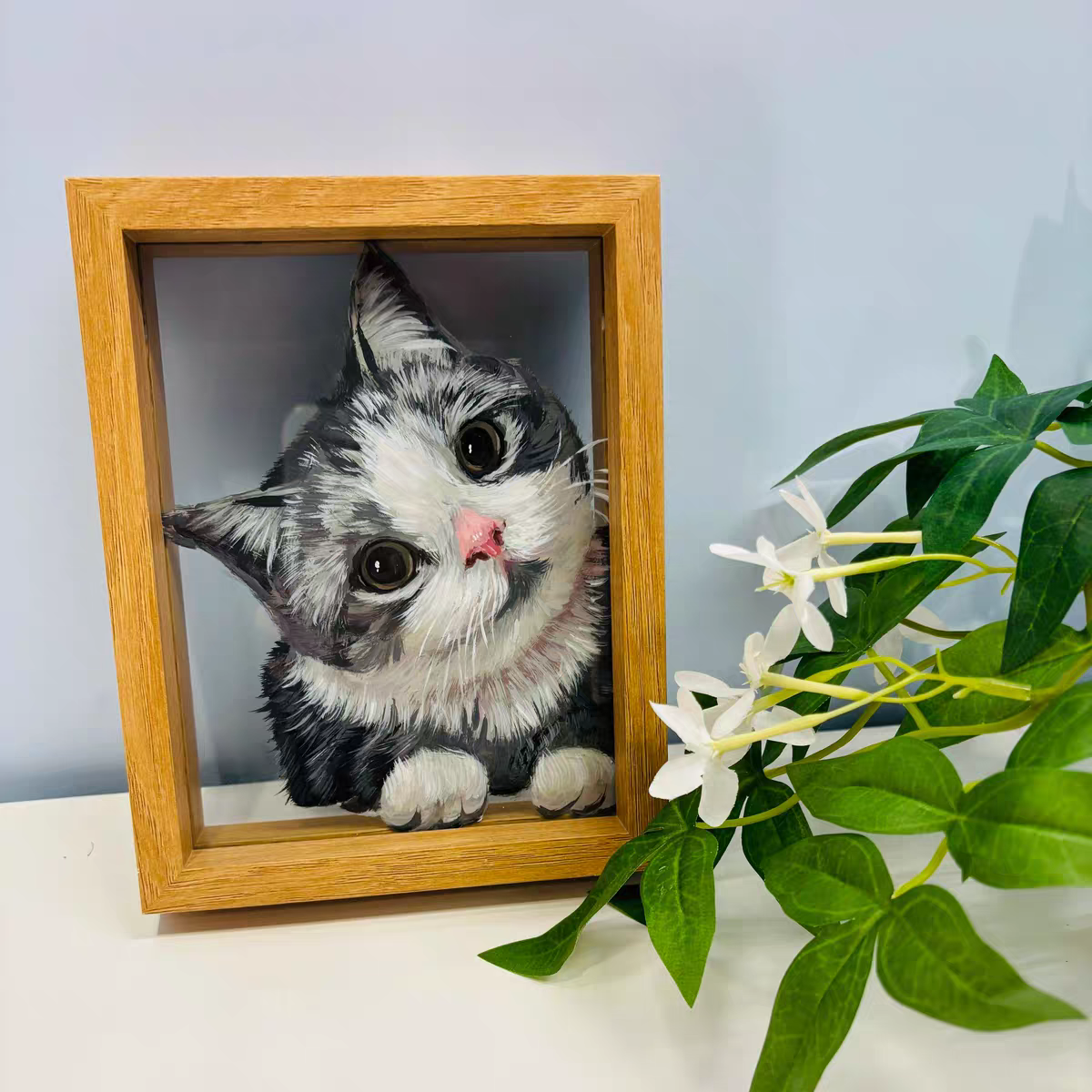 Custom hand-drawn pet portrait product infographic — size options and pricing guide