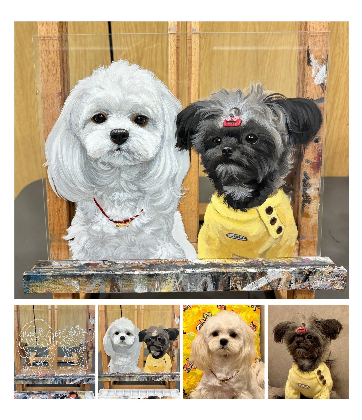 Custom pet portrait framed and displayed on desk — glass sandwich frame with easel back