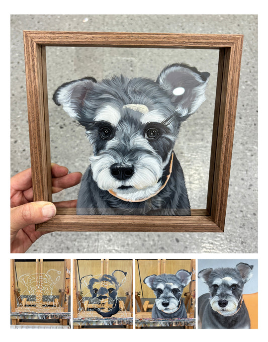 Custom pet portrait size comparison guide — showing 6x6 to A4 frame options