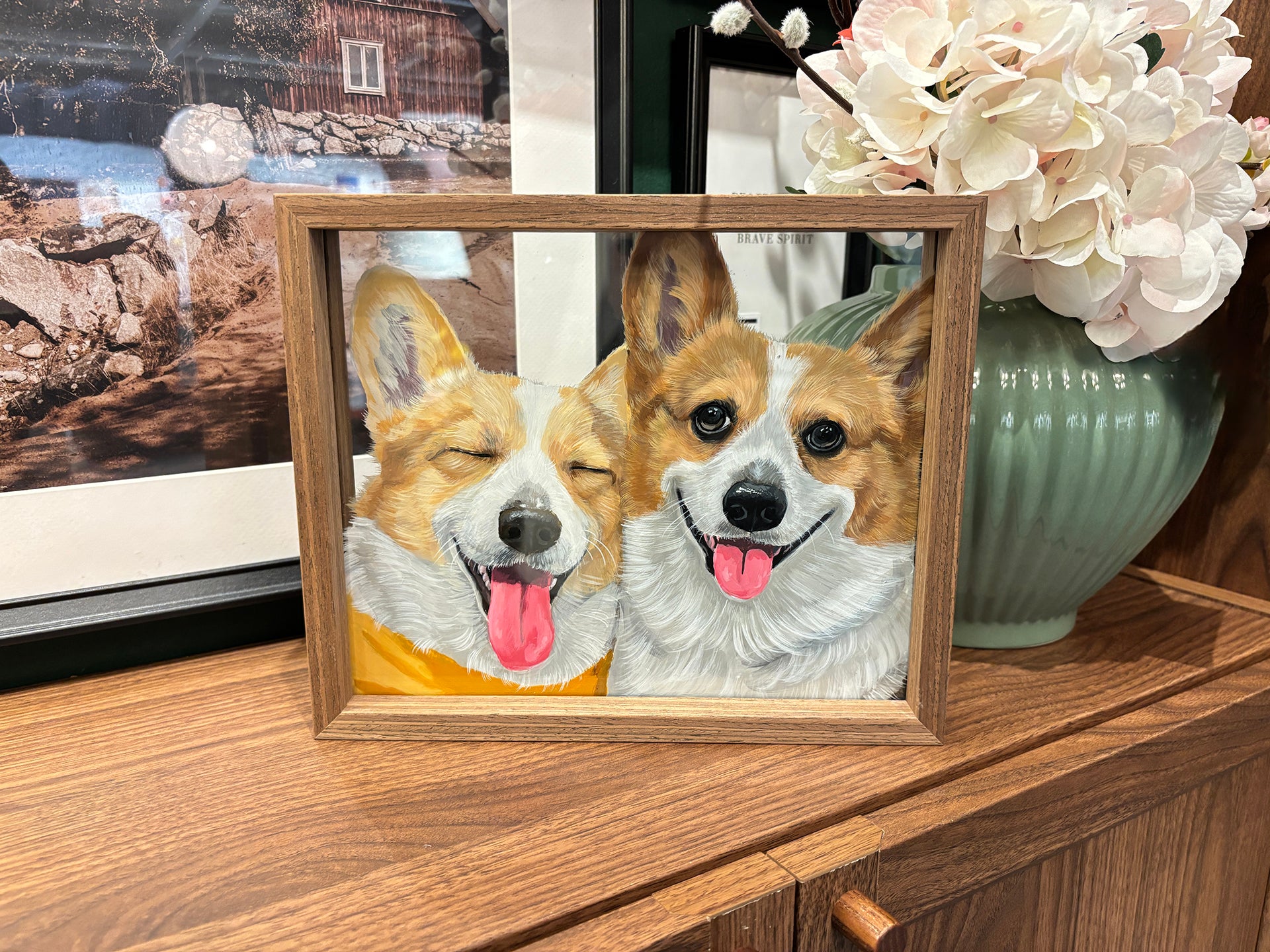 FurPawsMemo custom pet portrait artwork displayed with glass frame