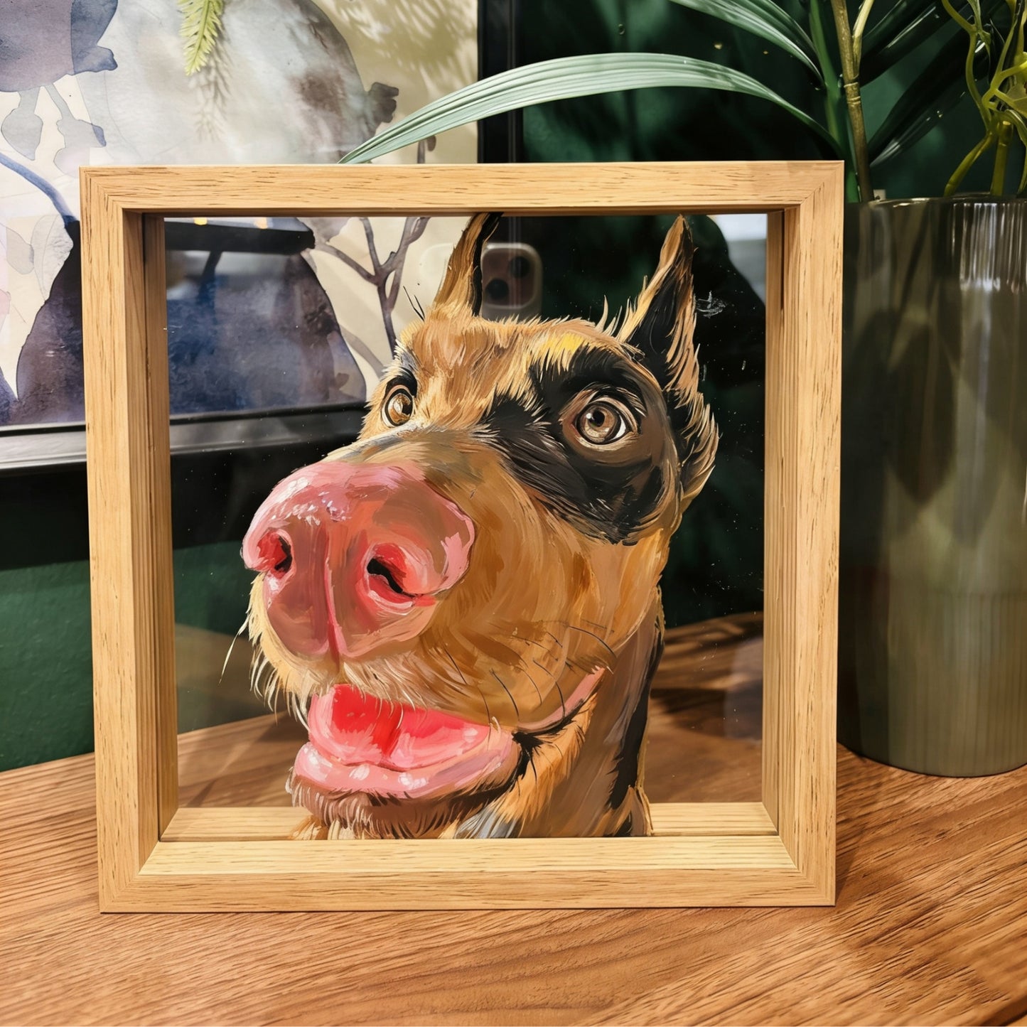 Custom hand-drawn pet portrait in glass sandwich frame — front view of finished artwork